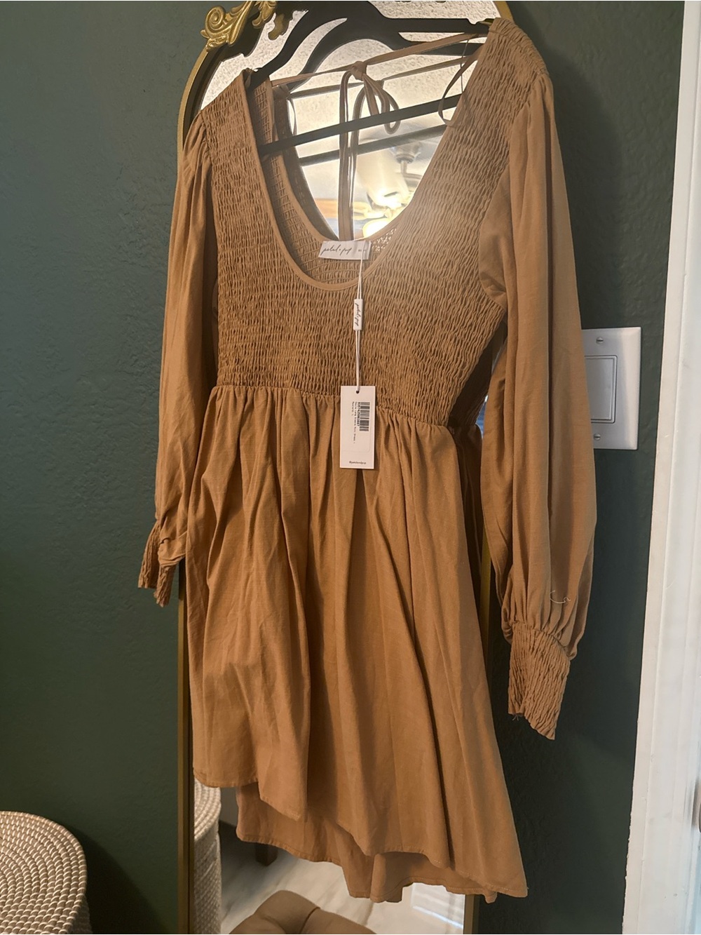 Petal & Pup Smocked Mini Dress in Camel Brown